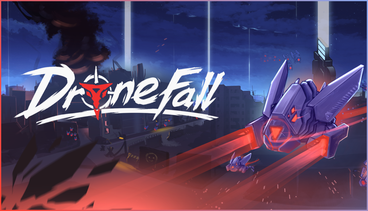 Dronefall key art showing a futuristic city under attack by flying drones.